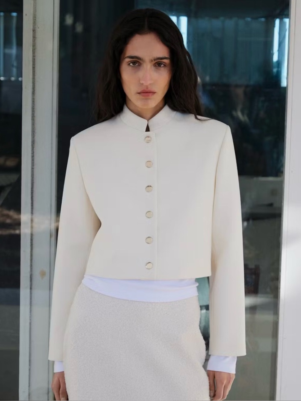 Mango Cream Cropped Stand-Collar Jacket with Silver Snaps